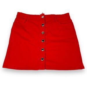 Maje Mini Skirt Women's 40 Red Denim Cotton Stretch Front Button Pockets A Line